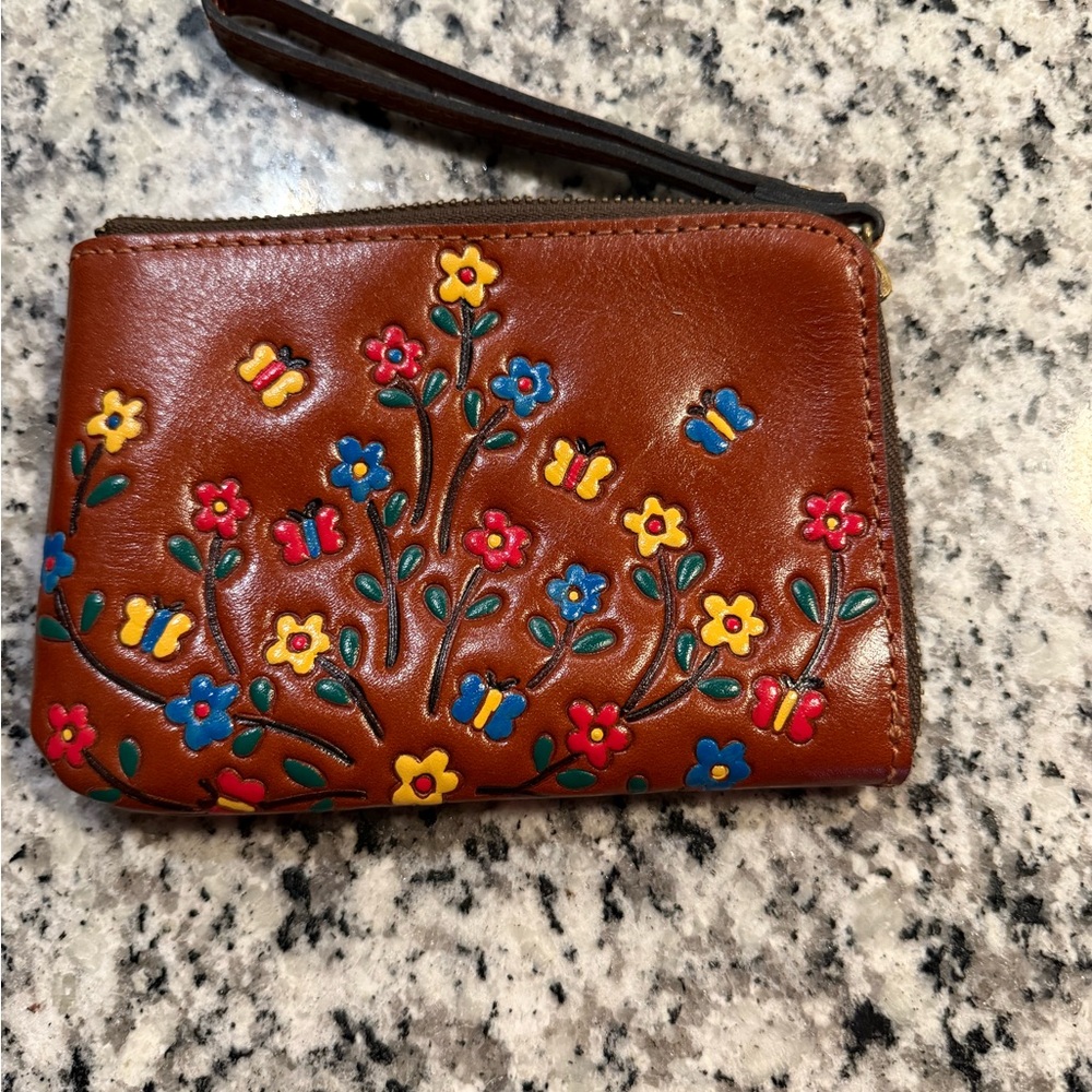 Patricia Nash Brown and Red Leather Coin/Cardholder with Floral Embroidery